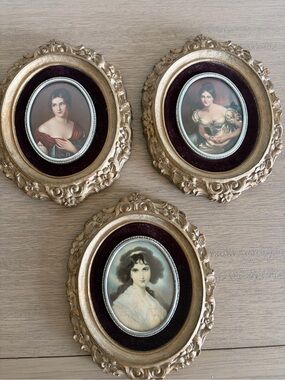 Set of 3 Vintage Oval Portrait Wall Plaques - Gold Frames with Burgundy Velvet